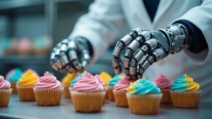close person hands reaching cupcake person wearing white lab coat has robotic arm multiple fingers cupcake placed table decorated colorful frosting shades pink blue yellow green background blurred