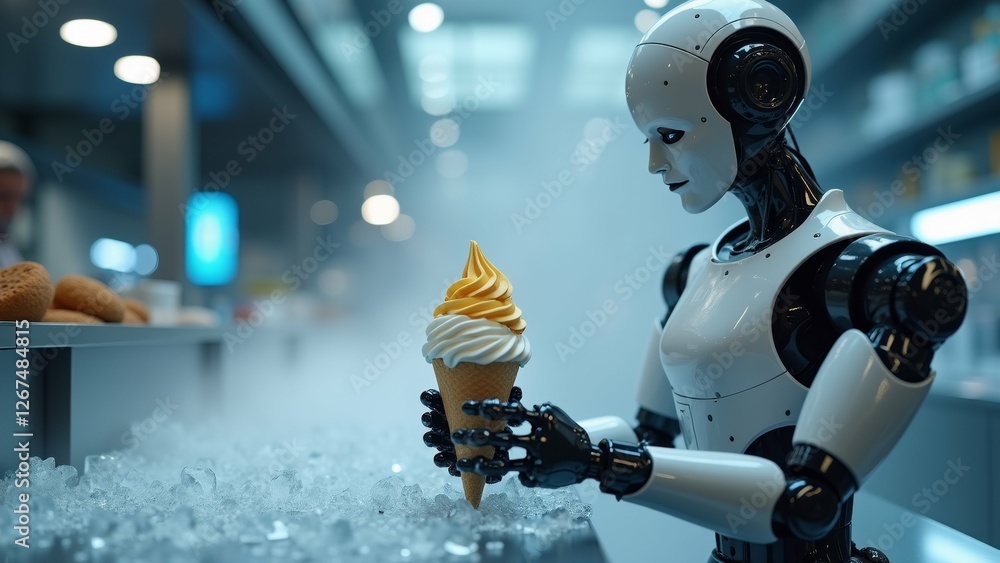 Poster robot holding ice cream cone its hand robot white black color has helmet its head standing front cou