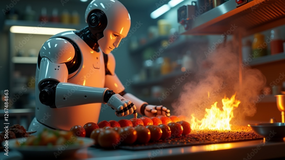 Poster robot kitchen preparing food robot white color has helmet its head standing front countertop grill g