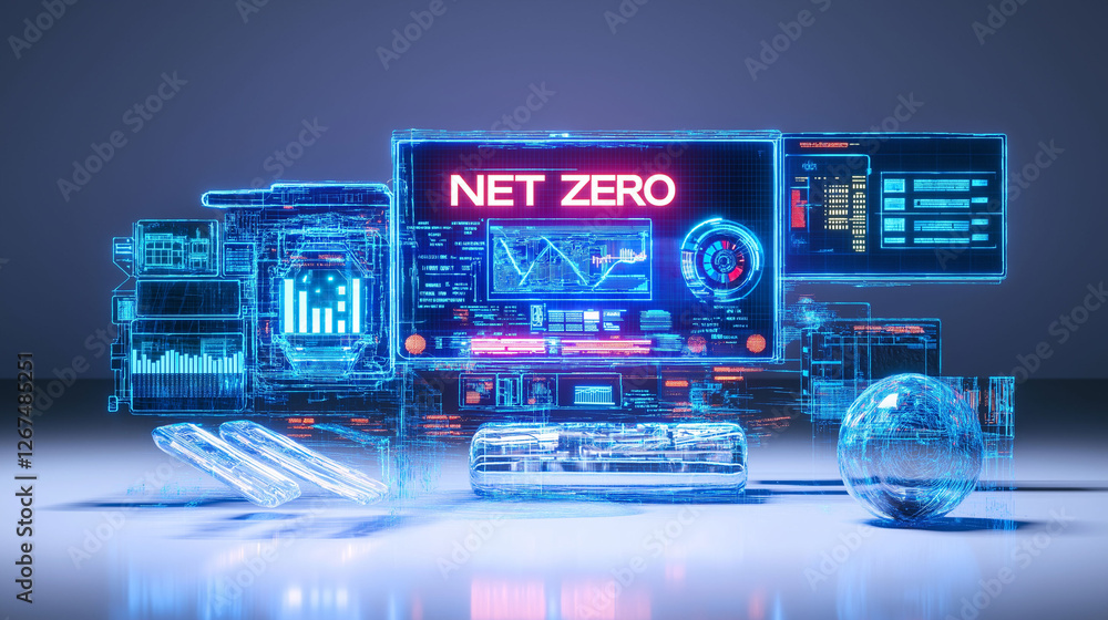 Poster net zero efficiency neutrality. image depicting smart grid technology for net zero energy infrastruc