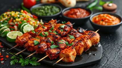 Indian banquet with chicken tikka masala curry, tandoori chicken, and various appetizers on dark concrete background