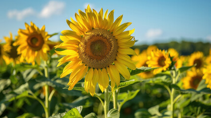 Sunflower in field, vibrant yellow petals, bright blue sky, nature beauty, summer bloom, agricultural landscape, sunny day, floral photography, close up view, natural light