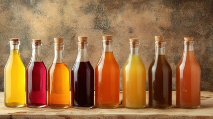 Colorful Variety of Vinegars in Glass Bottles on Rustic Wood