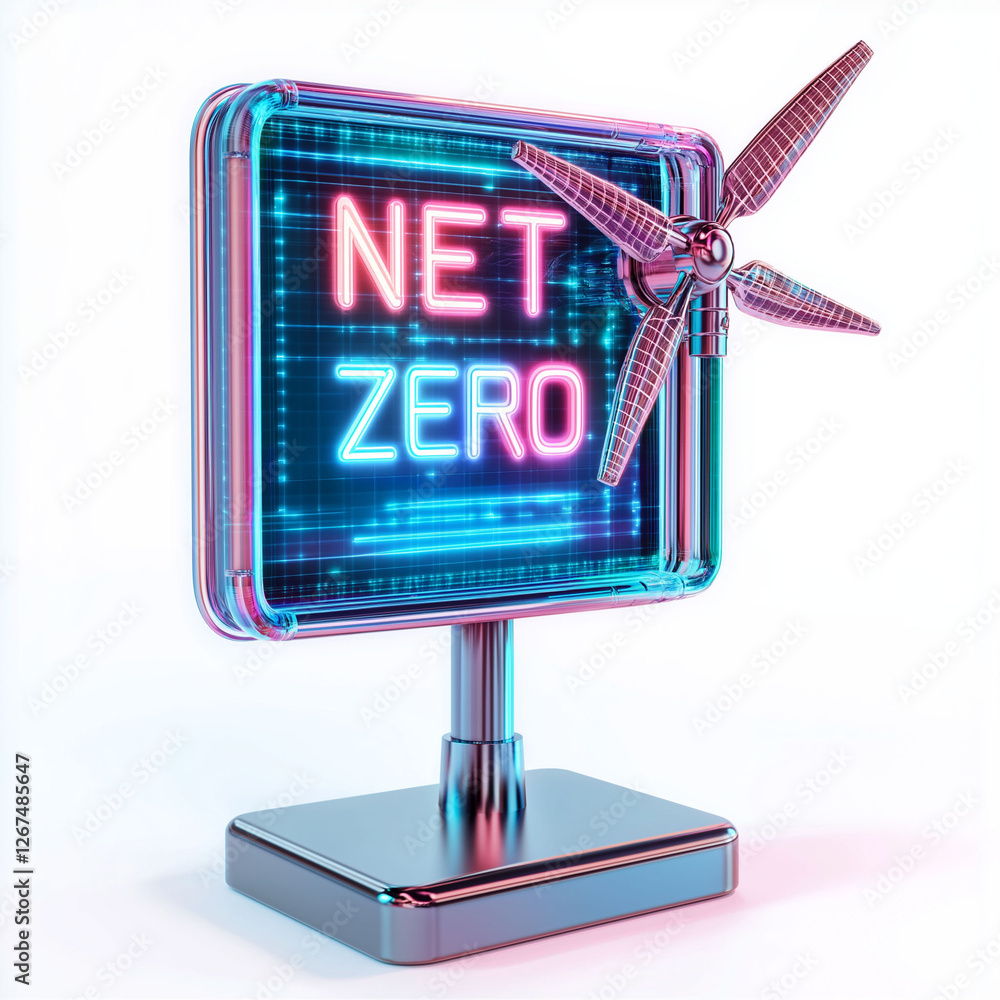 Poster net zero efficiency neutrality. image of a renewable energy facility achieving net zero efficiency.