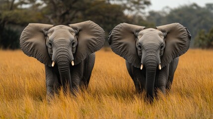 Fototapeta premium Two African elephants facing forward in tall grass.