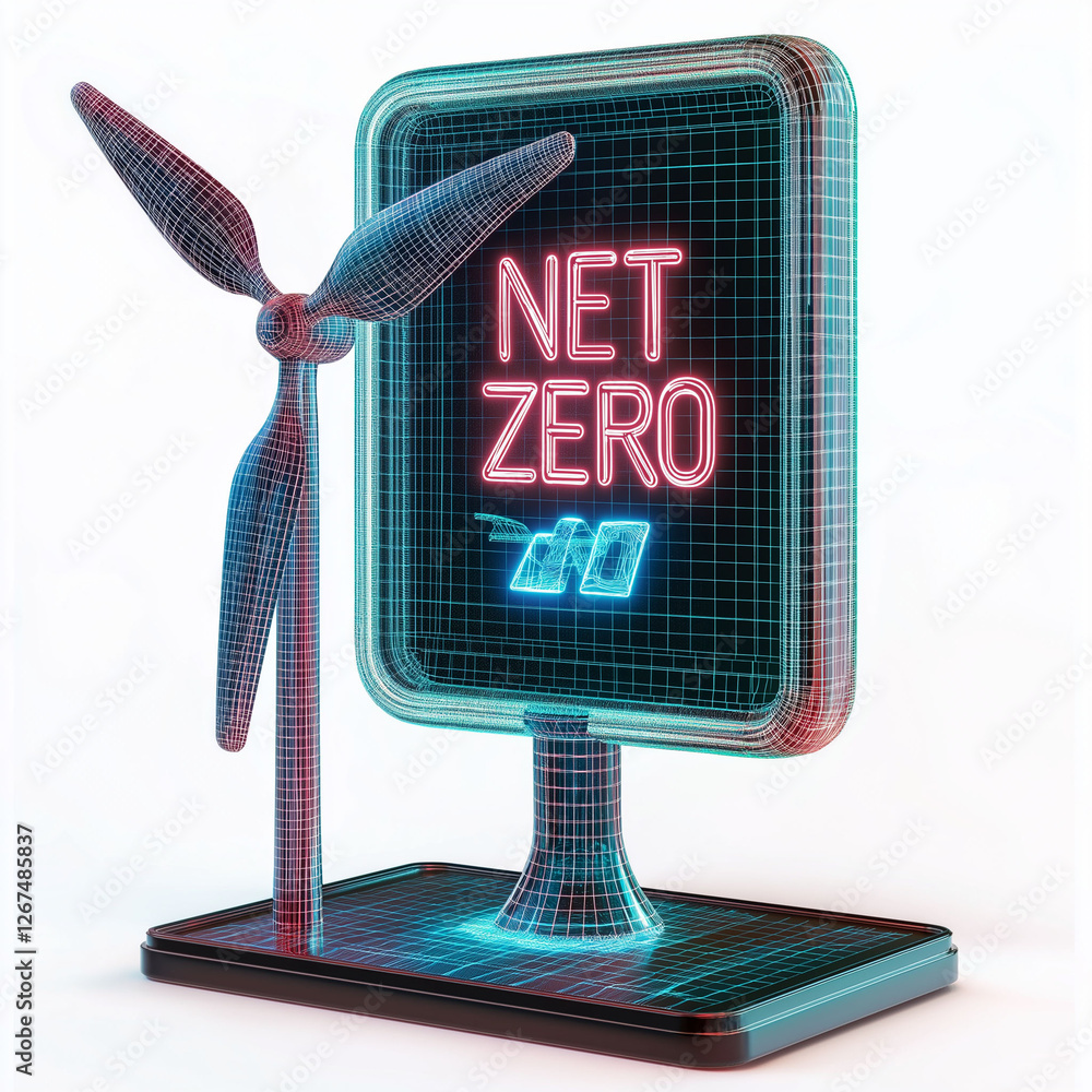 Poster net zero efficiency neutrality. image of a renewable energy facility focused on achieving net-zero e