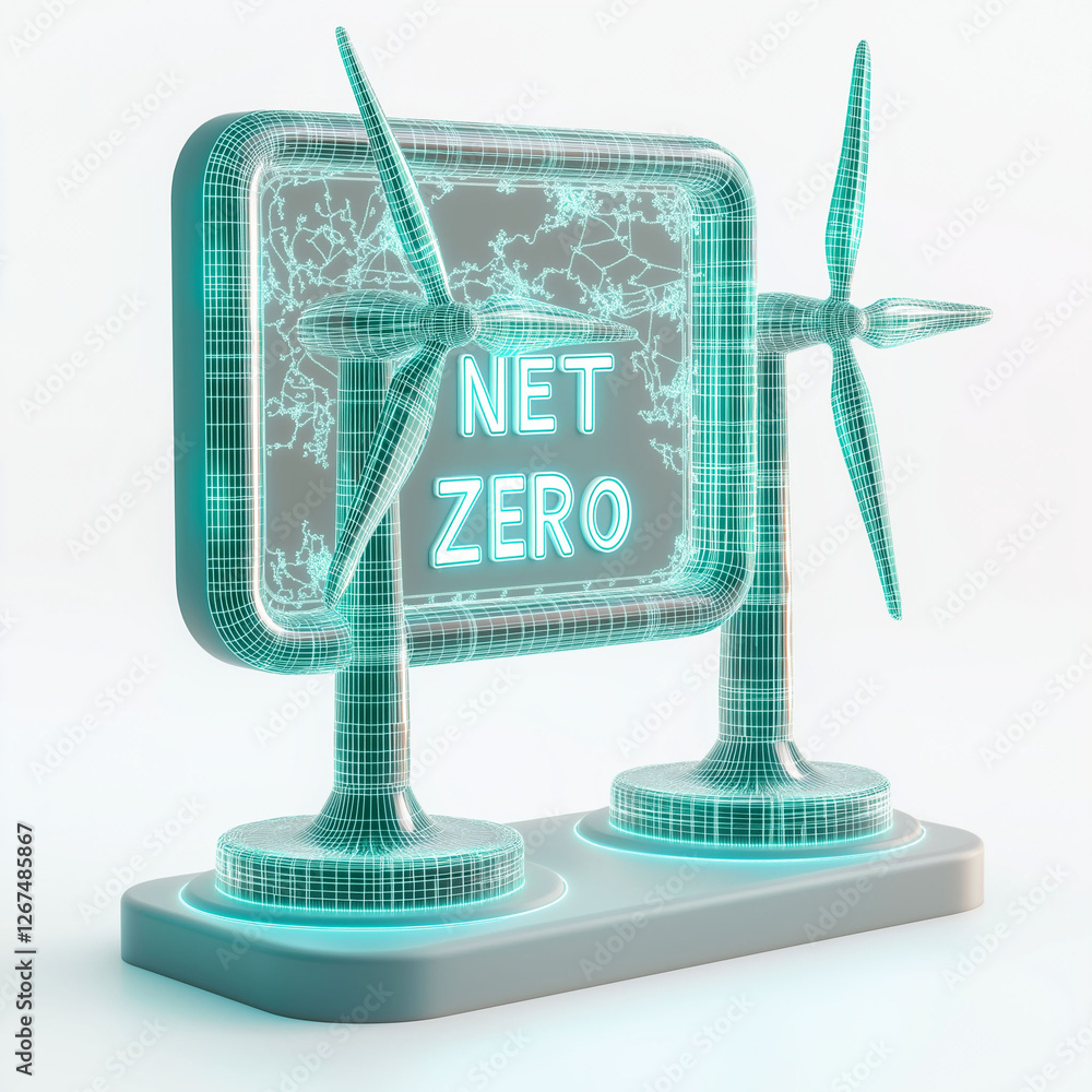 Poster net zero efficiency neutrality. image of a renewable energy facility achieving net zero efficiency.