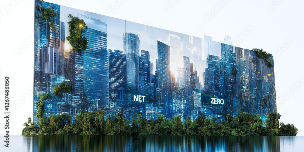 Poster net zero efficiency neutrality. smart city powered by ai and net zero energy concept image.