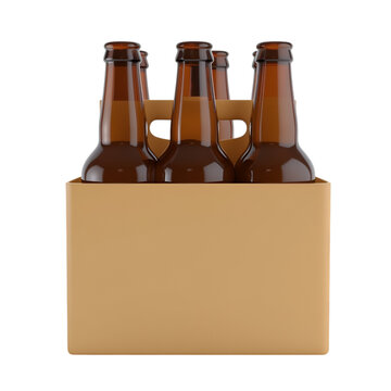 A six-pack of amber beer bottles with carrier against a transparent background