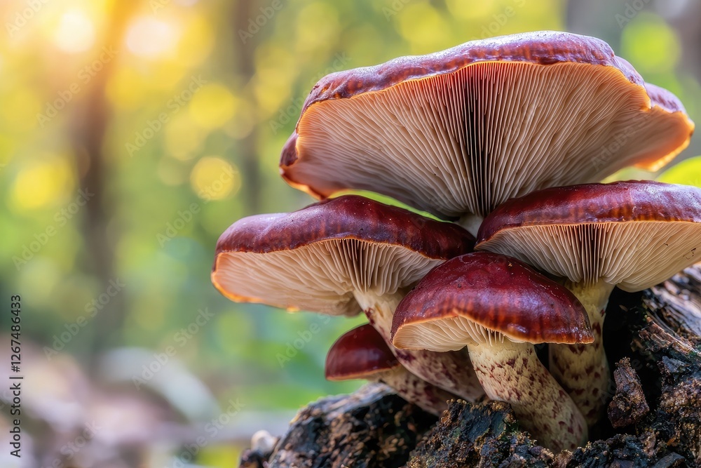 Wall mural A close-up of vibrant mushrooms growing on a log, illuminated by sunlight in a lush forest, showcasing intricate textures and colors.