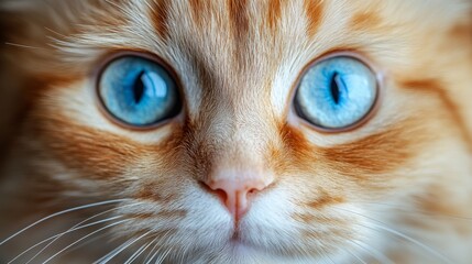 Close-up of a ginger cat with bright blue eyes.