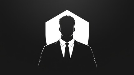 Silhouette of a businessman in a suit, standing behind a shield, representing security, protection, and confidence.