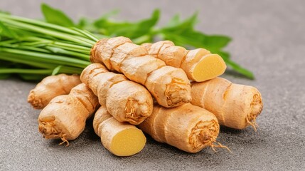 Fresh ginger roots with green shoots, showcasing their earthy color and texture against a neutral background.