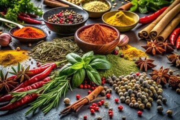 Fototapeta premium Aromatic culinary herbs and spices, beautifully photographed, showcasing nature's cooking palette.