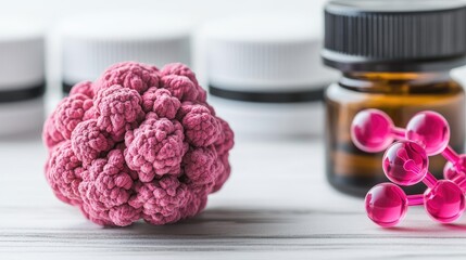 A vibrant pink object resembling a virus sits next to brown glass bottles and cream jars, creating...