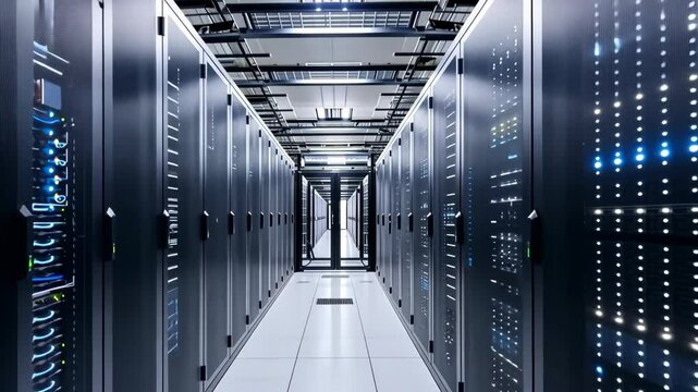 A long hallway with many computer servers. The servers are blue and white
