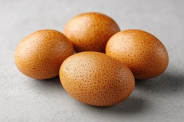 A close-up of four brown eggs with textured shells, arranged on a light gray surface, showcasing their natural appearance.