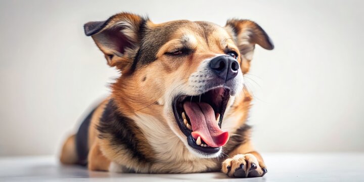 A tiny, tired pup yawns widely; tilt-shift photography emphasizes its miniature charm on white.