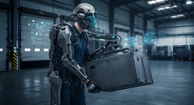 Futuristic worker in exoskeleton lifting heavy box in warehouse man gray blue dark suit robot cargo