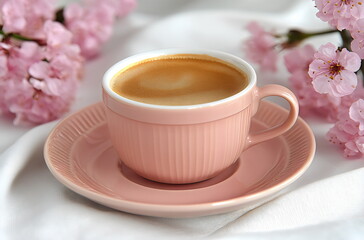 Fototapeta premium A delicate pink cup of coffee with delicious foam sits on a matching saucer, surrounded by blooming cherry blossoms, evoking a serene and tranquil spring mood