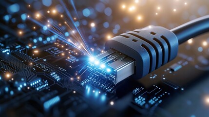 High Speed Ethernet Cable Connection with Glowing Light for Fast Data Transmission over Network