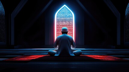 Fototapeta premium A man in traditional clothing meditates before a glowing arched doorway in a dimly lit mosque.