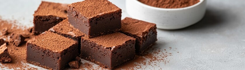 Rich Chocolate Brownies Dusting with Cocoa Powder on a Gray Background for Dessert and Baking Themes