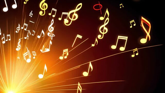 A colorful explosion of musical notes is displayed in a fiery orange background. The notes are scattered all over the image, creating a sense of chaos and energy. Scene is one of excitement
