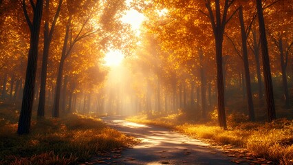 Vibrant autumn forest with golden leaves