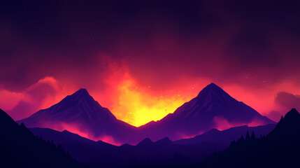 Fototapeta premium Vivid Illustration: Purple Peaks & Erupting Volcano Under Vibrant Sky
