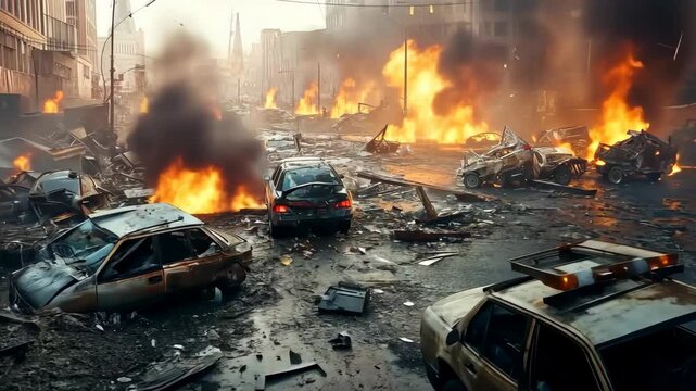 A city street is destroyed by a fire, with cars and buildings in ruins. The scene is chaotic and dangerous, with police officers trying to control the situation. Scene is one of destruction and danger