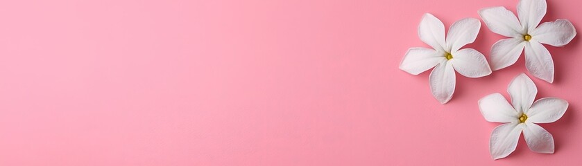 Fototapeta premium Delicate white flowers on a soft pink background, creating a serene and elegant aesthetic ideal for floral arrangements or decor.