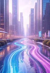 Fototapeta premium Futuristic Cityscape at Night with Stream of Colorful Lights