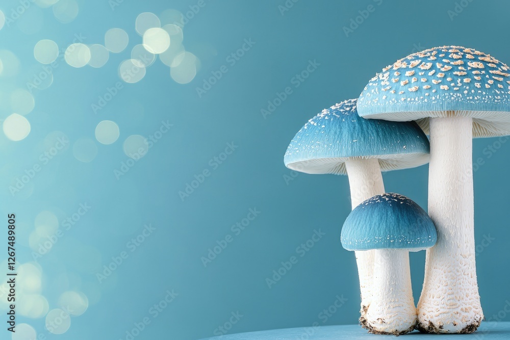 Poster a serene arrangement of blue mushrooms against a soft bokeh background, creating a whimsical and cal