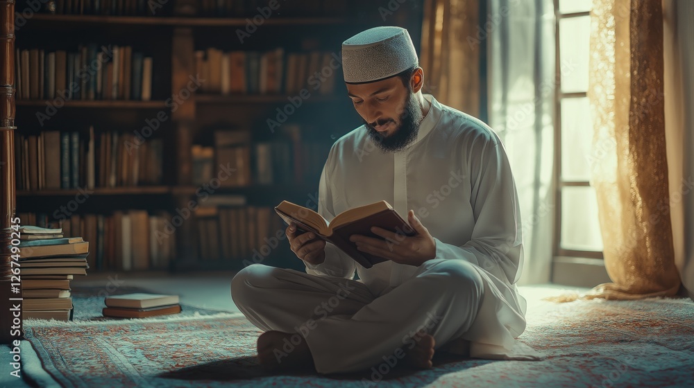 Poster in a serene library filled with books, a muslim man sits cross-legged on a patterned rug, deeply eng