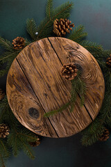 Christmas wooden background with fir tree. Wooden background. Christmas Wreath