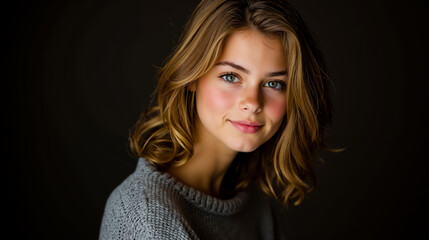 Fototapeta premium A woman with long blonde hair and blue eyes smiles at the camera