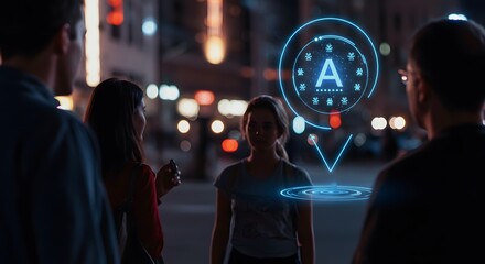 Young adults exploring city nightlife with futuristic ai interface map app neon dark blue data urban