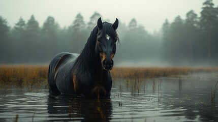 Majestic black horse standing in a misty lake, surrounded by tall grass and a forest.
