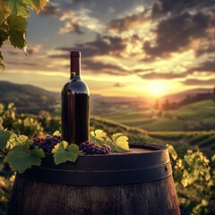 Fototapeta premium Wine bottle on barrel at vineyard sunset