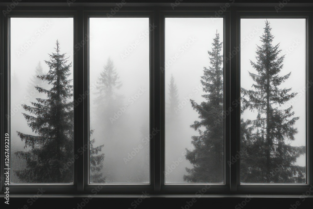 Poster foggy forest view through windowpane framed by tall conifer trees in mystical atmosphere