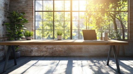 Fototapeta premium Wooden table in sunny office with big windows