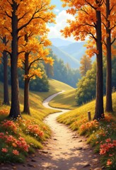 Obraz premium Scenic Autumn Path with Orange Flowers and Rolling Hills