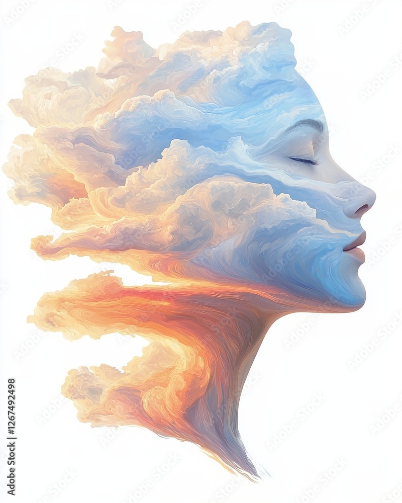 Poster dreamy clouds transforming into a serene face surreal art digital illustration tranquil setting side