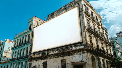 Fototapeta premium Vertical billboard on a historic building, ideal for product or tourism ads.