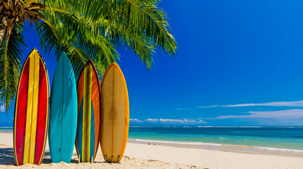 A row of surfboards lined up on a beach next to a palm tree