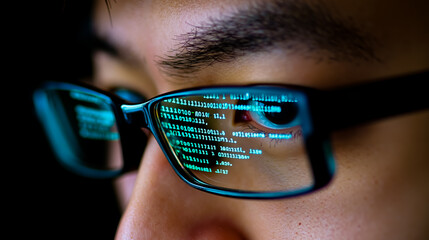 A close up of a person wearing glasses looking at a computer screen