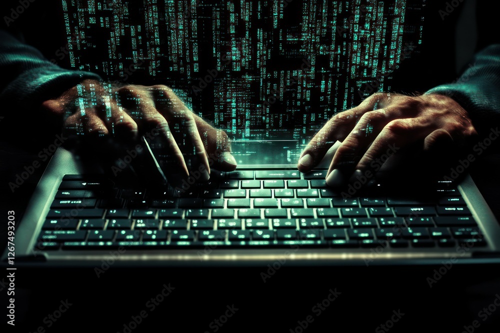 Aufkleber mysterious hands typing on laptop surrounded by digital code and glowing data in dark environment