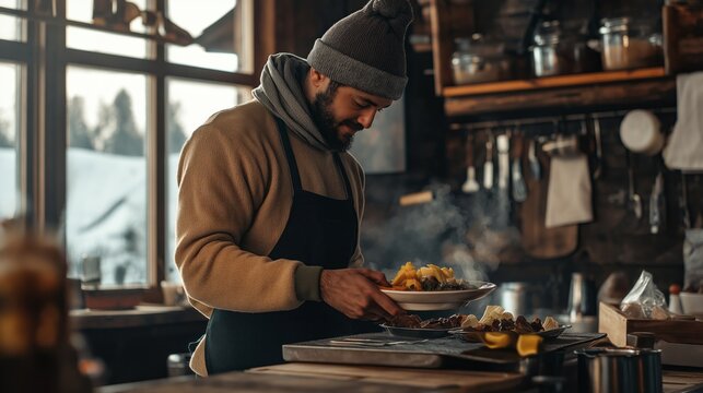 A man in a warm hat focuses on plating a vibrant meal in a charming, rustic kitchen filled with natural light. The cozy atmosphere invites warmth and culinary creativity as he serves up comfort food