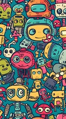 Obraz premium Whimsical Robot Friends: A Colorful Doodle Collection